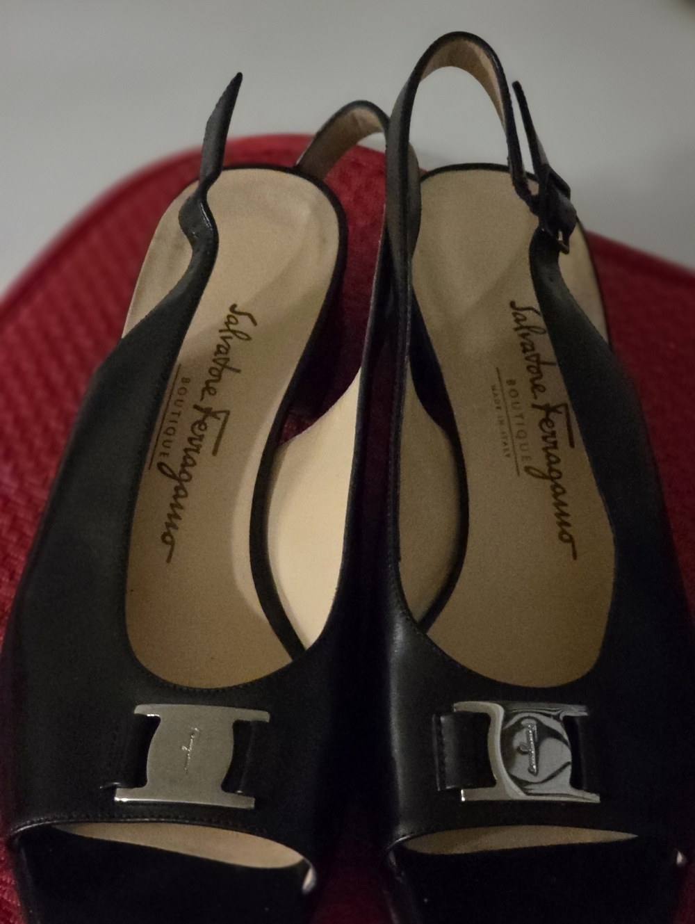 Salvatore Ferragamo Black Leather Slingback Peep-Toe 1/2 Heels with Silver Logo